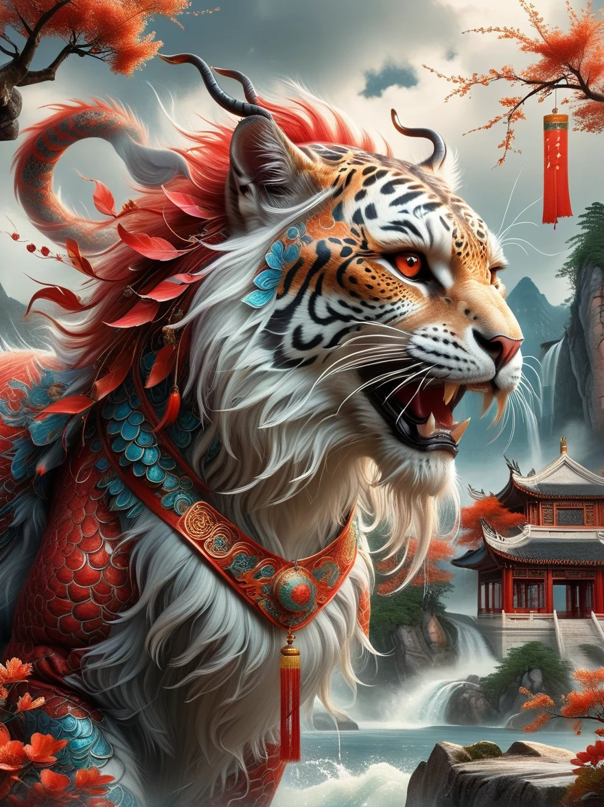 (Best quality, tmasterpiece, iintricate, hyper-detailing, extremely detailed CG unity wallpaper), A kind of monster in the mythology of the ancient Chinese book of the Classic of Mountains and Seas, Great Wilderness East Meridian, A mythical beast in Chinese mythology, (Shaped like a red snow leopard, Small and powerful, It has a majestic body and sharp claws, The whole body is covered with fur red as blood), (((The forehead has a sharp horn))), (((It has five tails behind it))), And both eyes radiate lightning, Surrounded by lightning, White clouds surround, Dreamland Wonderland、Genting Heavenly Palace, The peaks are steep, Strange rocks, fanciful, ogre, fang, Riding, Faraway view, (Best quality, tmasterpiece, iintricate, hyper-detailing, RAW photo, hyper HD, ultra high resolution, extremely detailed CG unity wallpaper, Chinese colors, The color is bright, brightly, Traditional Chinese elements, ((Ancient mural)), legendary, Dappled light, Hazy haze, mystical aura, tmasterpiece, k hd, Rich in color, Detailed details, (Colorful colors), 8K