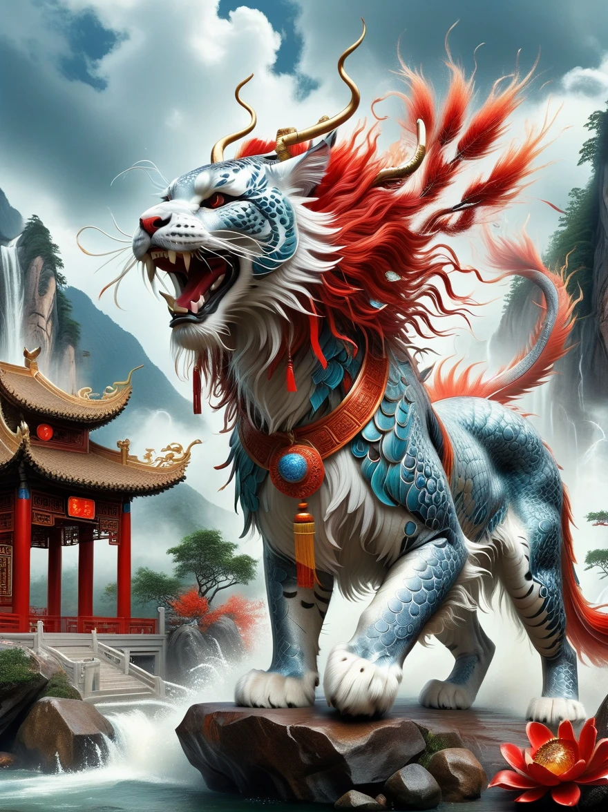 (Best quality, tmasterpiece, iintricate, hyper-detailing, extremely detailed CG unity wallpaper), A kind of monster in the mythology of the ancient Chinese book of the Classic of Mountains and Seas, Great Wilderness East Meridian, A mythical beast in Chinese mythology, (Shaped like a red snow leopard, Small and powerful, It has a majestic body and sharp claws, The whole body is covered with fur red as blood), (((The forehead has a sharp horn))), (((It has five tails behind it))), And both eyes radiate lightning, Surrounded by lightning, White clouds surround, Dreamland Wonderland、Genting Heavenly Palace, The peaks are steep, Strange rocks, fanciful, ogre, fang, Riding, Faraway view, (Best quality, tmasterpiece, iintricate, hyper-detailing, RAW photo, hyper HD, ultra high resolution, extremely detailed CG unity wallpaper, Chinese colors, The color is bright, brightly, Traditional Chinese elements, ((Ancient mural)), legendary, Dappled light, Hazy haze, mystical aura, tmasterpiece, k hd, Rich in color, Detailed details, (Colorful colors), 8K