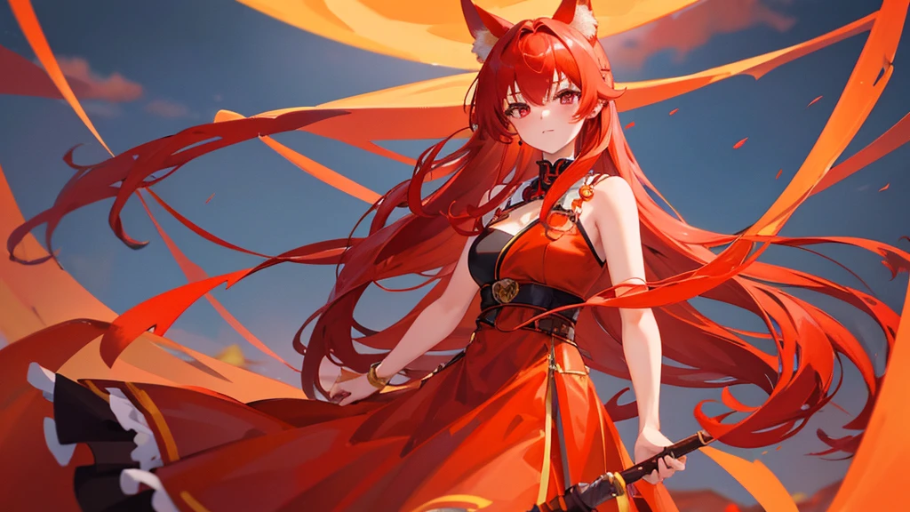 beutiful girl, red hair, red eyes, orange fox ears, orange fox nine tail, red royal clothes, 8k resolution, sky