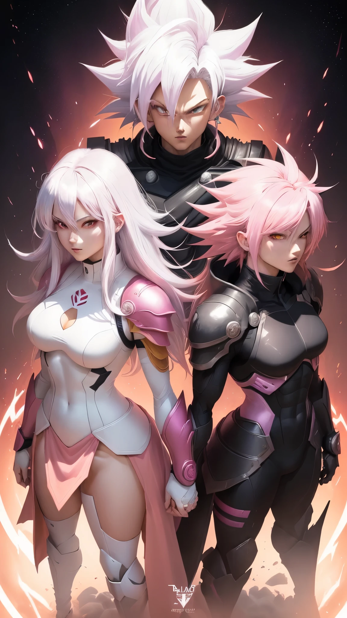 a drawing of a goku white hair with pink hair, artstyleunknown, full figure poster, dark aura, full art, cell shaded art, by theCHAMBA, black and reddish color armor, slick pink armor, official art, matte pink armor, official character art, wild spiky black saiyan hair, high detailed official artwork, colored manga panel.red suit.
