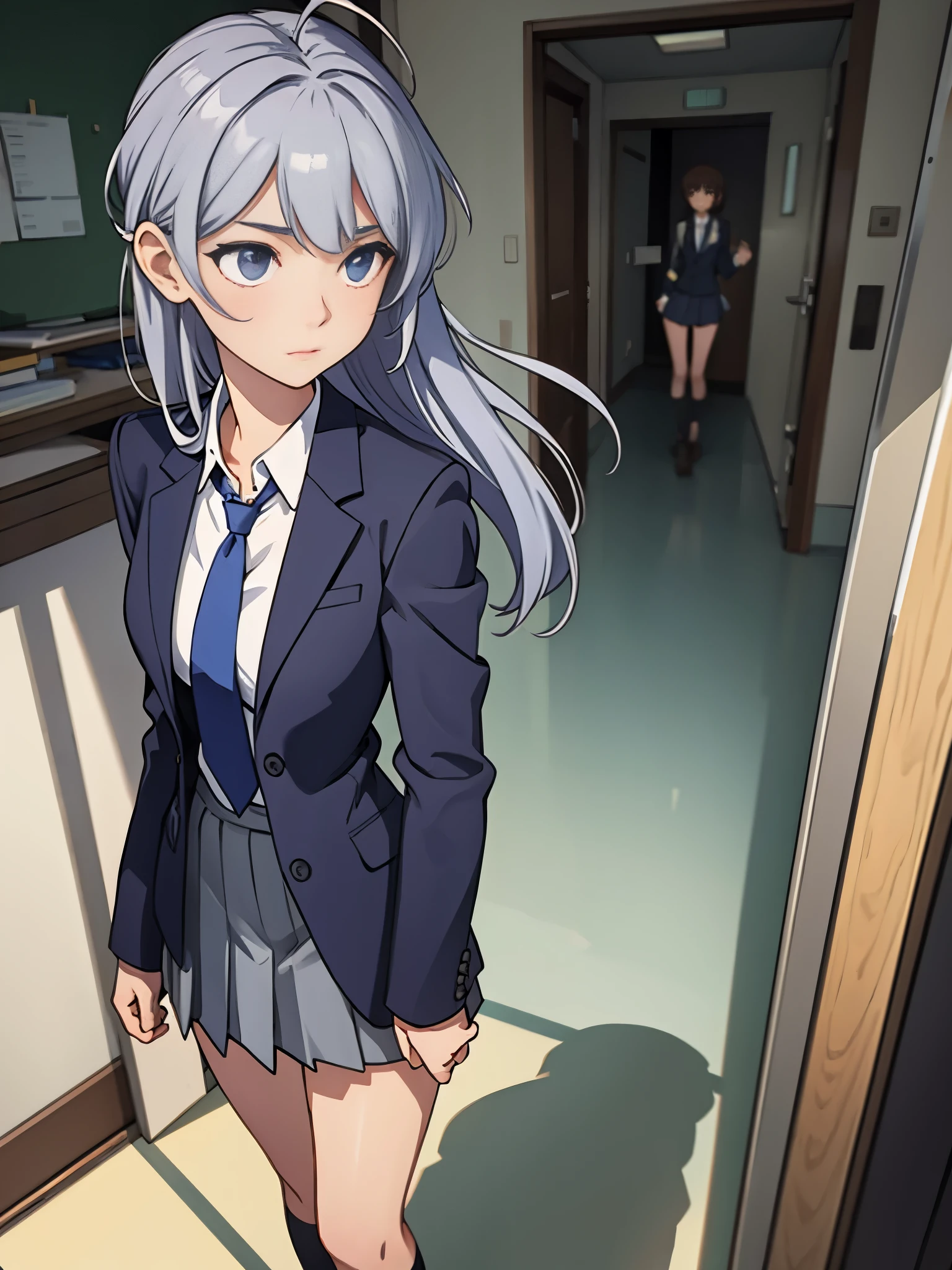 1girl, high school student, suit, dark blue suit jacket, white shirt, red ribbon necktie, grey pleated skirt, miniskirt, bare legs, white socks, brown shoes, light grey hair, hazel eyes, shoulder-length hair, bangs, ahoge, beautiful detailed eyes, beautiful detailed face, cute face, medium breasts, age 18, solo, solo focus, standing, classroom backdrop, warm lighting