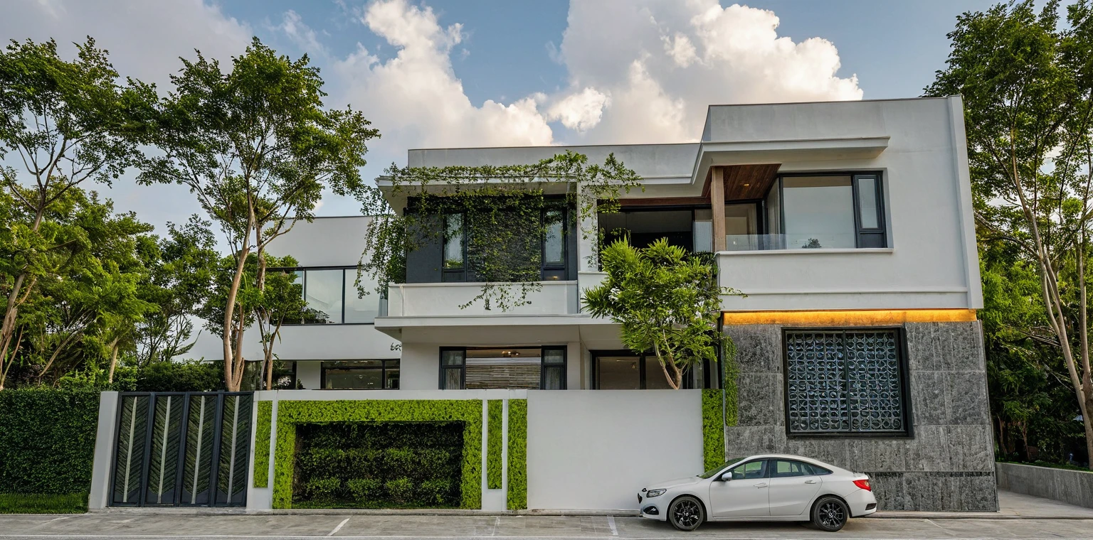Masterpiece, high quality, best quality, authentic, super detail, outdoors, onestoreyvillaXL, aiaigroup, house style modern on the street ,stairs, white wall ,road,pavement, grass, trees, sky, cloud, (daylight:1.1)