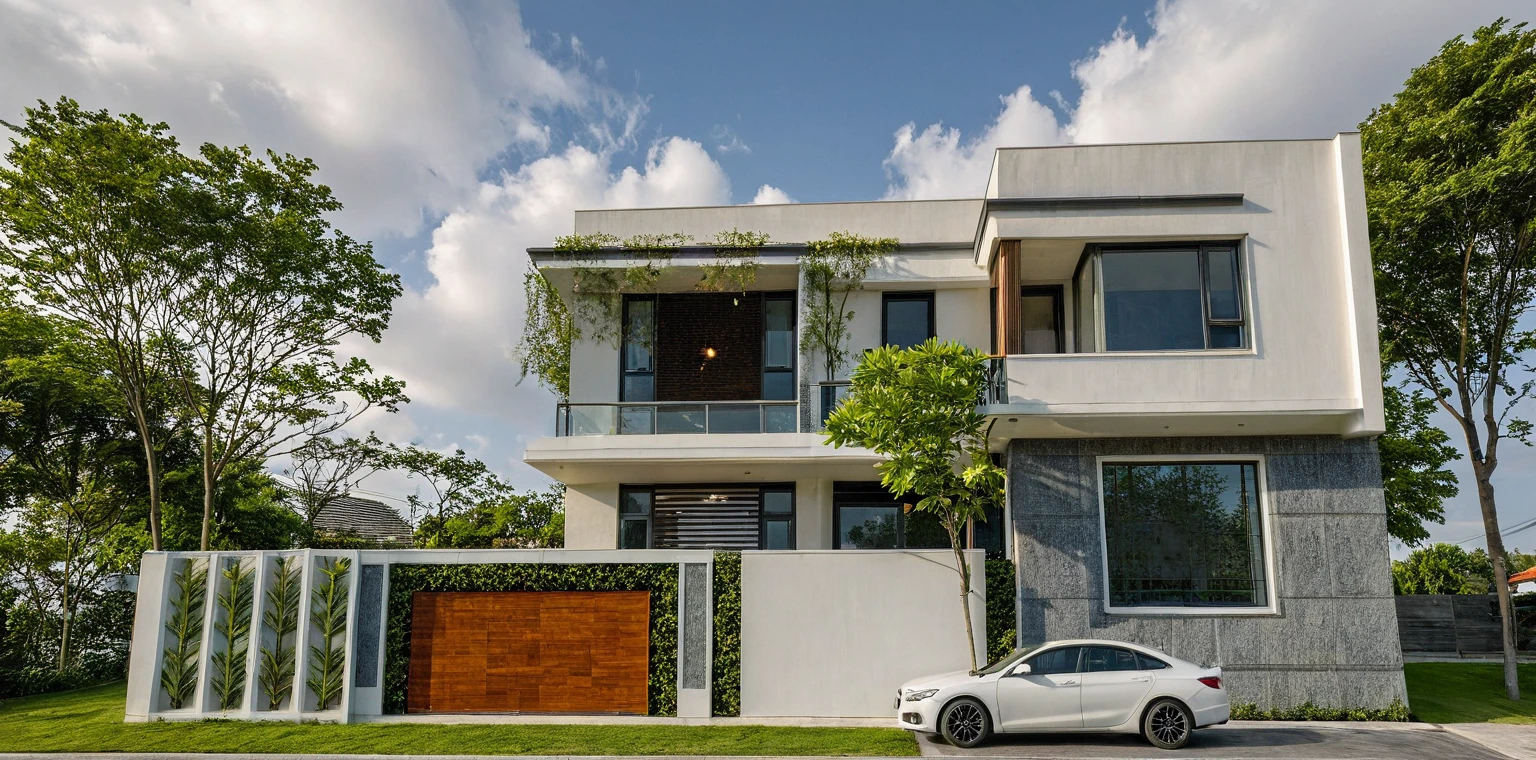 Masterpiece, high quality, best quality, authentic, super detail, outdoors, onestoreyvillaXL, aiaigroup, house style modern on the street ,stairs, white wall ,road,pavement, grass, trees, sky, cloud, (daylight:1.1)
