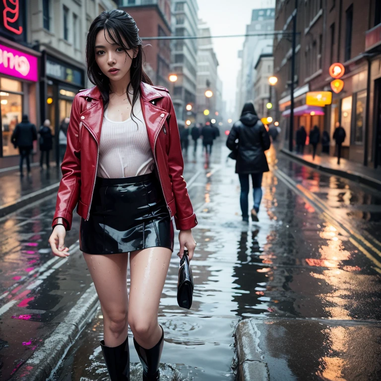 woman in a red leather jacket and skirt standing in the water, wet look, she is wearing a wet coat, on a wet london street, pretty girl standing in the rain, dressed as , wearing jacket and skirt, wearing atsuko kudo latex outfit, soaked, wet streets, wearing red jacket, grin, shirt and tie, soaked, drenched, wet clothes, dripping wet, dripping oil, wet hair