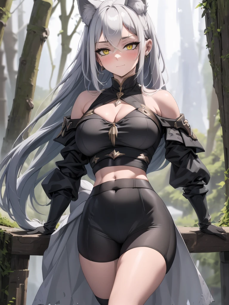 8K, Full body portrait, single young woman, especially detailed face, masterpiece, wallpaper, highlydetailed face, ultra-detailed face, beautiful and aesthetic wolf tailed girl, athletic fit body, big breasts, curvy, long hair, gray-silver hair, a young wolf woman, wolf ears, wolf tail, long wolf tail, wolf-like irises, beautiful, enchanting, bright yellow eyes, detailed eyes, ultra-detailed eyes, accurate eyes, detailed irises, correct body proportions, elegant, small vertical scar under right eye, small rosy lips, big breasts, slender elegant arms, pretty hands, detailed hands, charming, slight blush, smug smile, black stylish shorts and top outfit, detached sleeves, light black armor, armored bike shorts, two piece outfit, black armored fur cloack, black metal armor, bare off shoulders, toned abs, exposed belly, standing pose, hands on hips pose, cute pose, black silk thighigh on the left leg, sole girl
