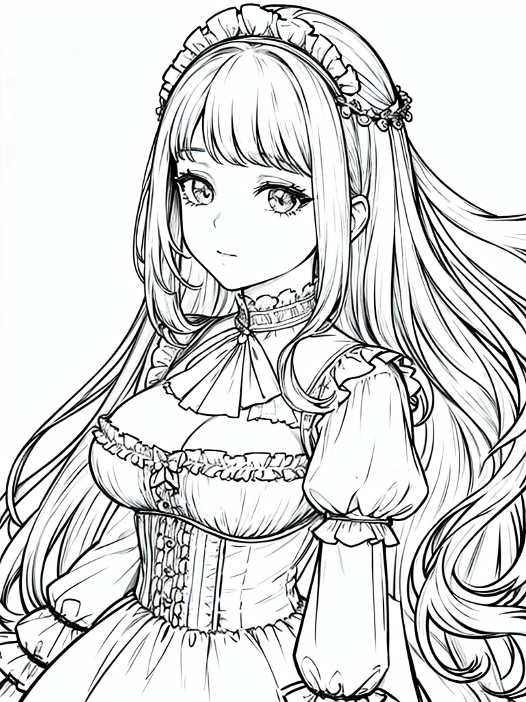 masterpiece, best_quality, Portrait, 1girl, Solo, long_hair, white_hair,bust_portrait, big_breasts,blouse,frills,dress_over_blouse, white_background, lineart, monochrome