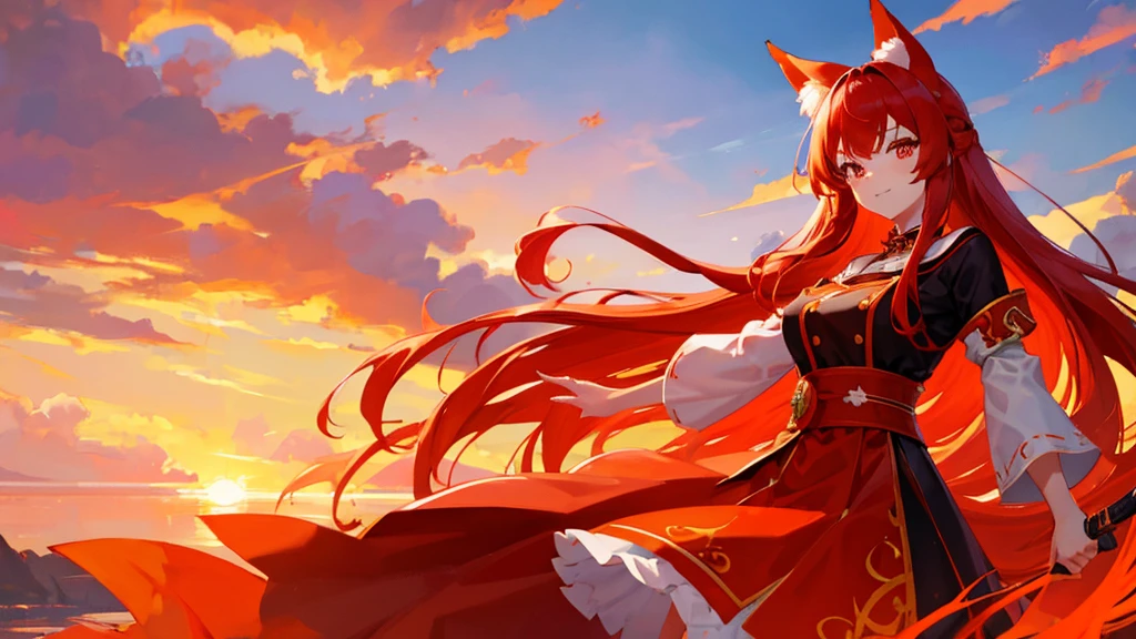 beutiful girl, red hair, red eyes, orange fox ears, orange fox nine tail, red royal clothes, 8k resolution, sky