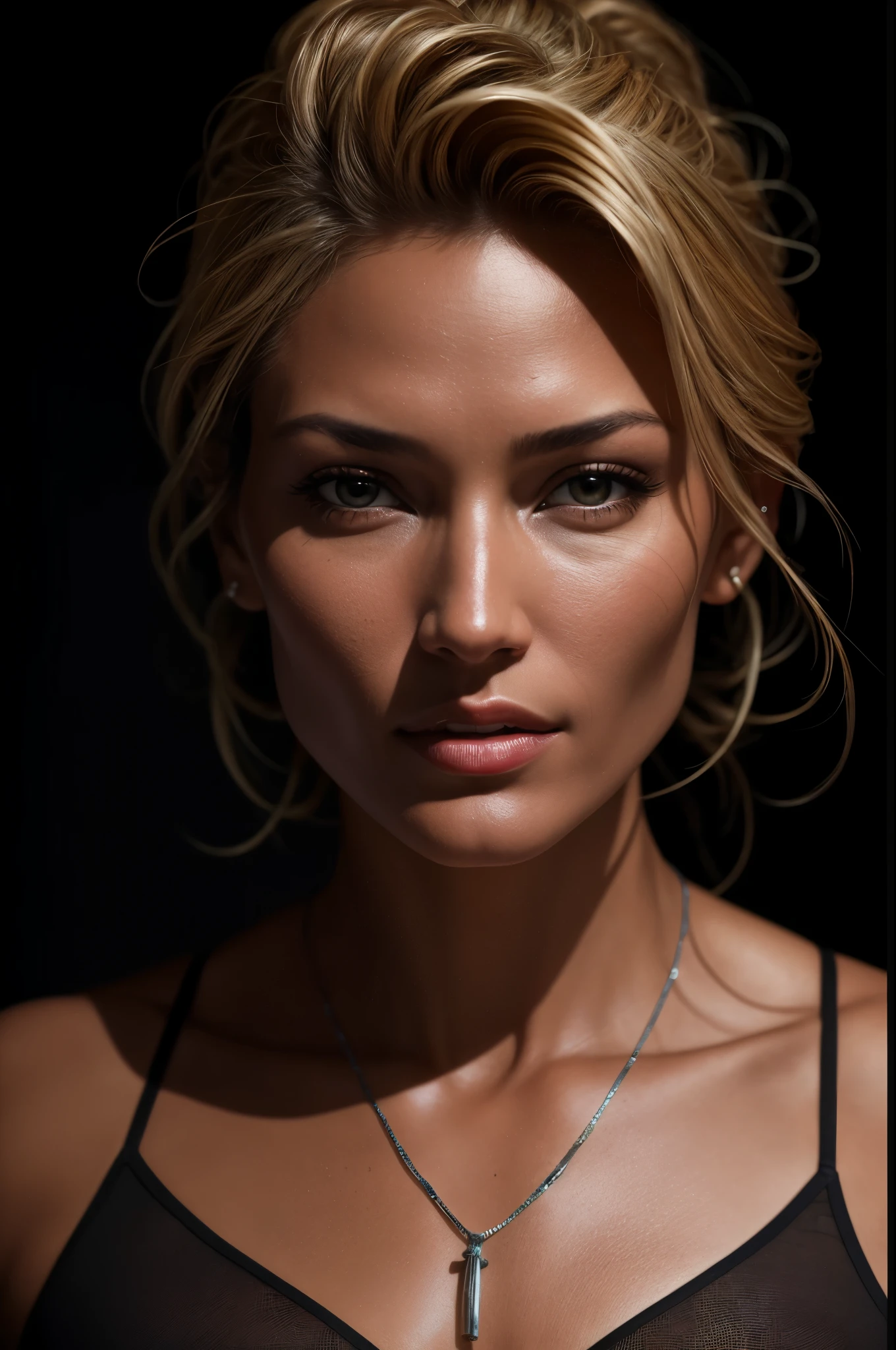 Table top scene, highest quality, super detailed, 4K resolution. A portrait setup in 4k and 8k resolutions for an exquisite table top image. Unity 8k wallpaper with a highly detailed CG table top scene, featuring a realistic raw photo of a real person. Be familiar with dynamic angles and the supermodel Tricia Helfer posing in full body shots. Ninja figure also present, be familiar with skin texture and hyper-realistic, detailed skin texture armature, all in the highest quality, super resolution. Shapuri's masterpiece by Lee Jeffries, captured with a Nikon D850 film stock, 4 camera setup using Kodak Port