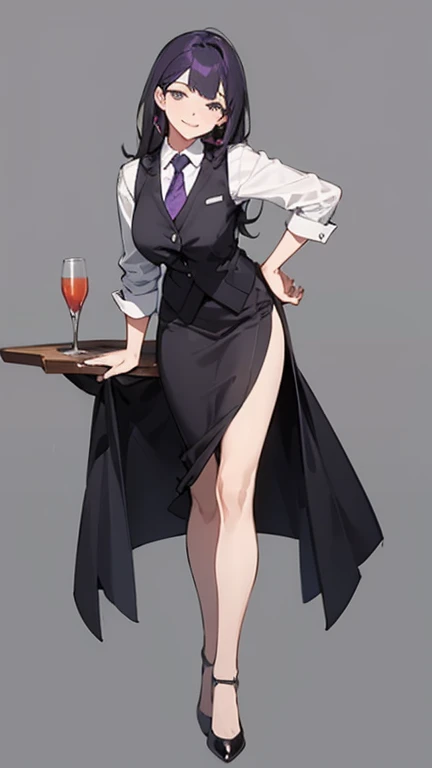 Purple,High cut layered hair,woman,bartender,vest,shirt,tie,high heels,all,simple background,smile,whole body,full body,full body,Standing picture,vtuber,upright,,Look forward,