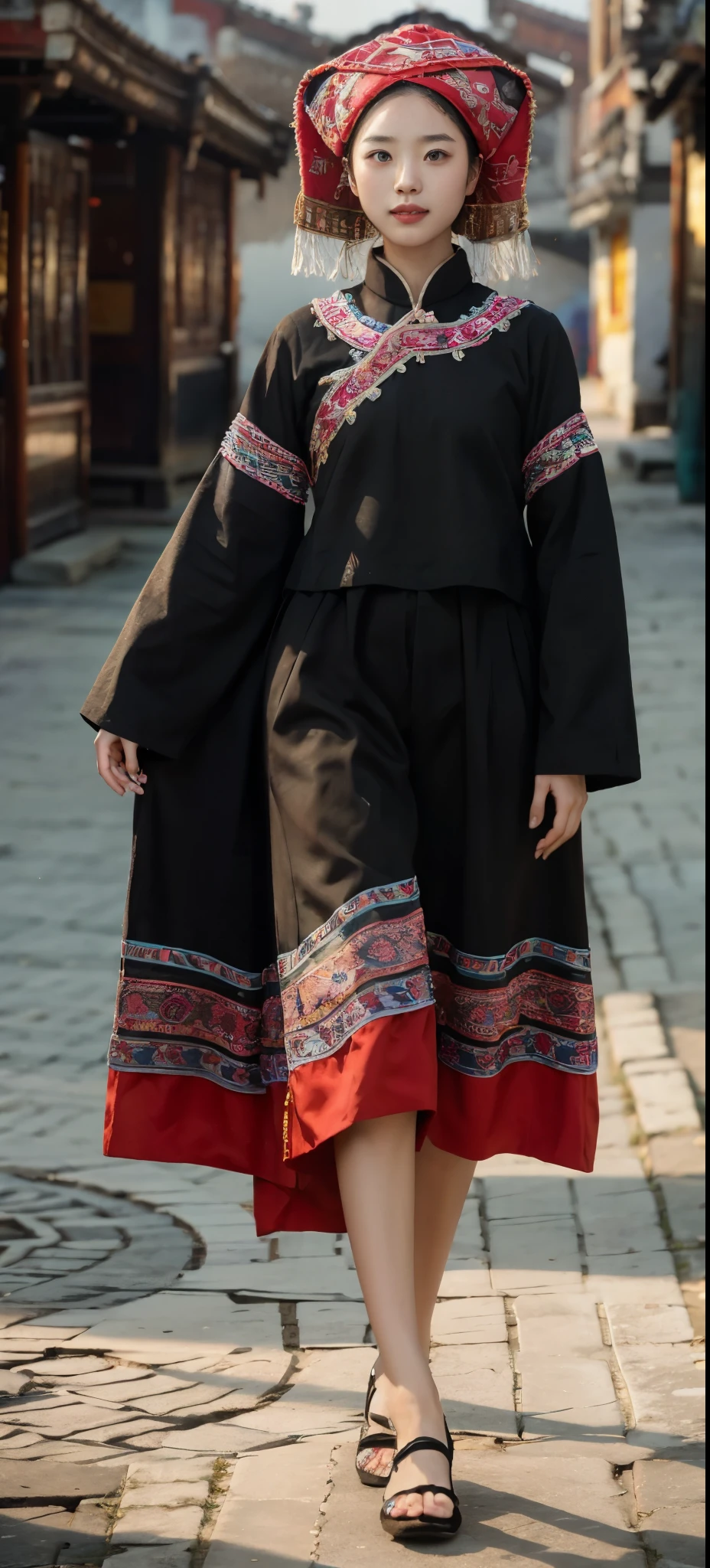 a girl,Wearing the traditional costumes of the Zhuang people,Walking towards the camera,The background is terraces,daytime,pond,Hazy mountains,Looking up,The front of the face faces the audience