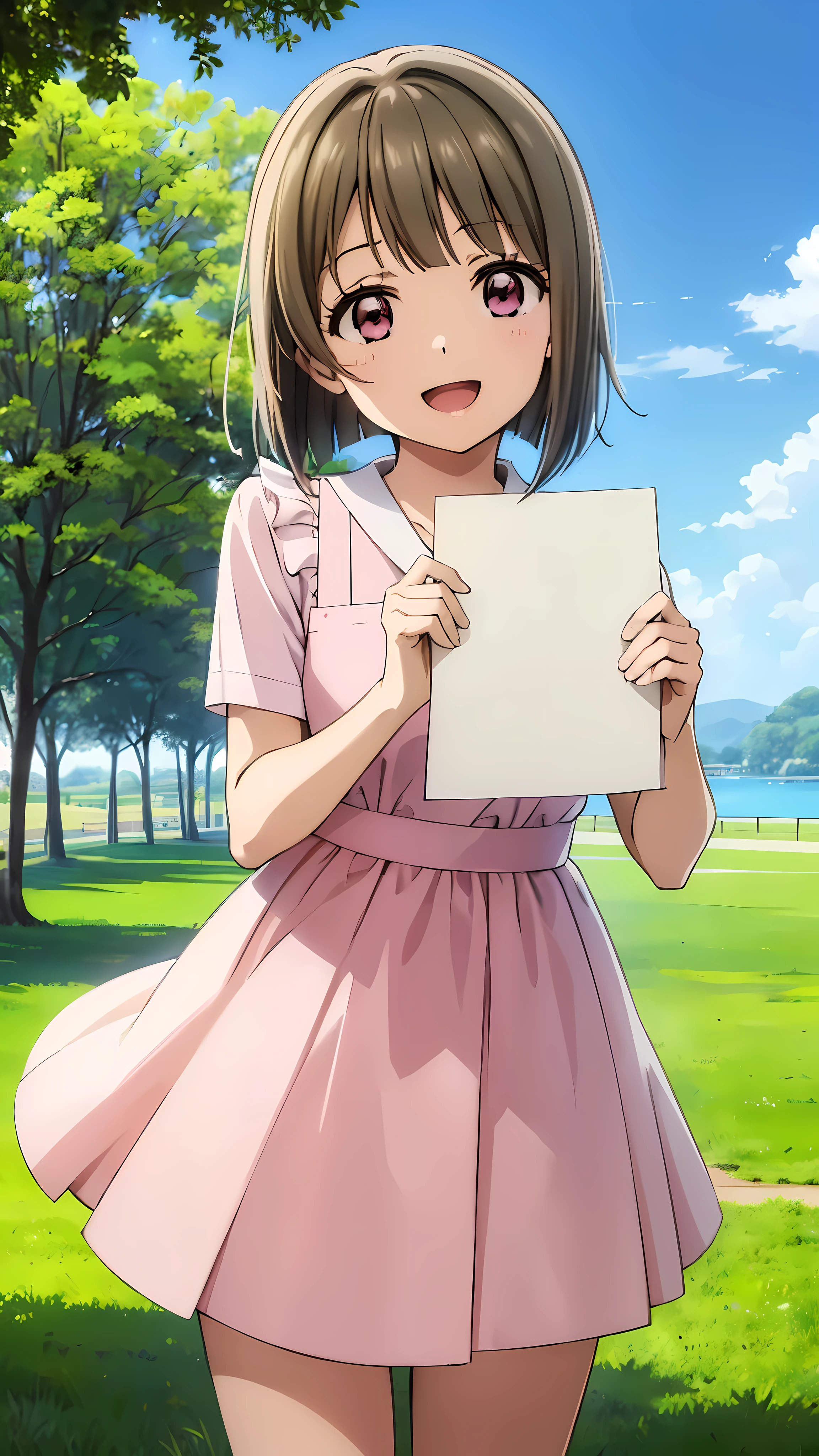 (best quality, masterpiece:1.2), 1girl, solo, cute, looking at viewer, smile, upper body, sky, outdoors, open mouth
nakasu kasumi, nijigasaki wear pink dress , (holding a blank paper viewing it to the viewer: 1.5) 