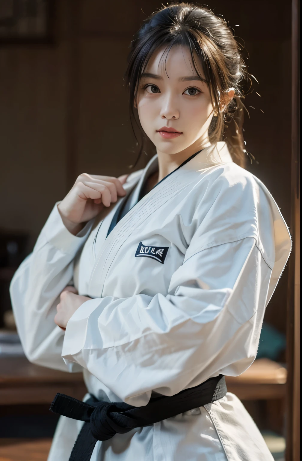 (8K、Raw photo、image quality、、、、、、table top:1.2)、(realistic、Photoreal:1.37)、Japanese female judoka、black belt white judo uniform、Cowboy composition、Front line of sight、dark tatami room、solemnity、intimidating appearance、dignified atmosphere、muscular upper body、Stand with dignity、menacing posture、fluttering hair