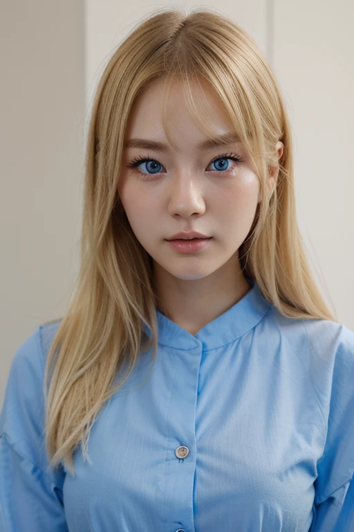 A very pretty and attractive face of a korean blonde 25 year old with blue eyes. very realistic