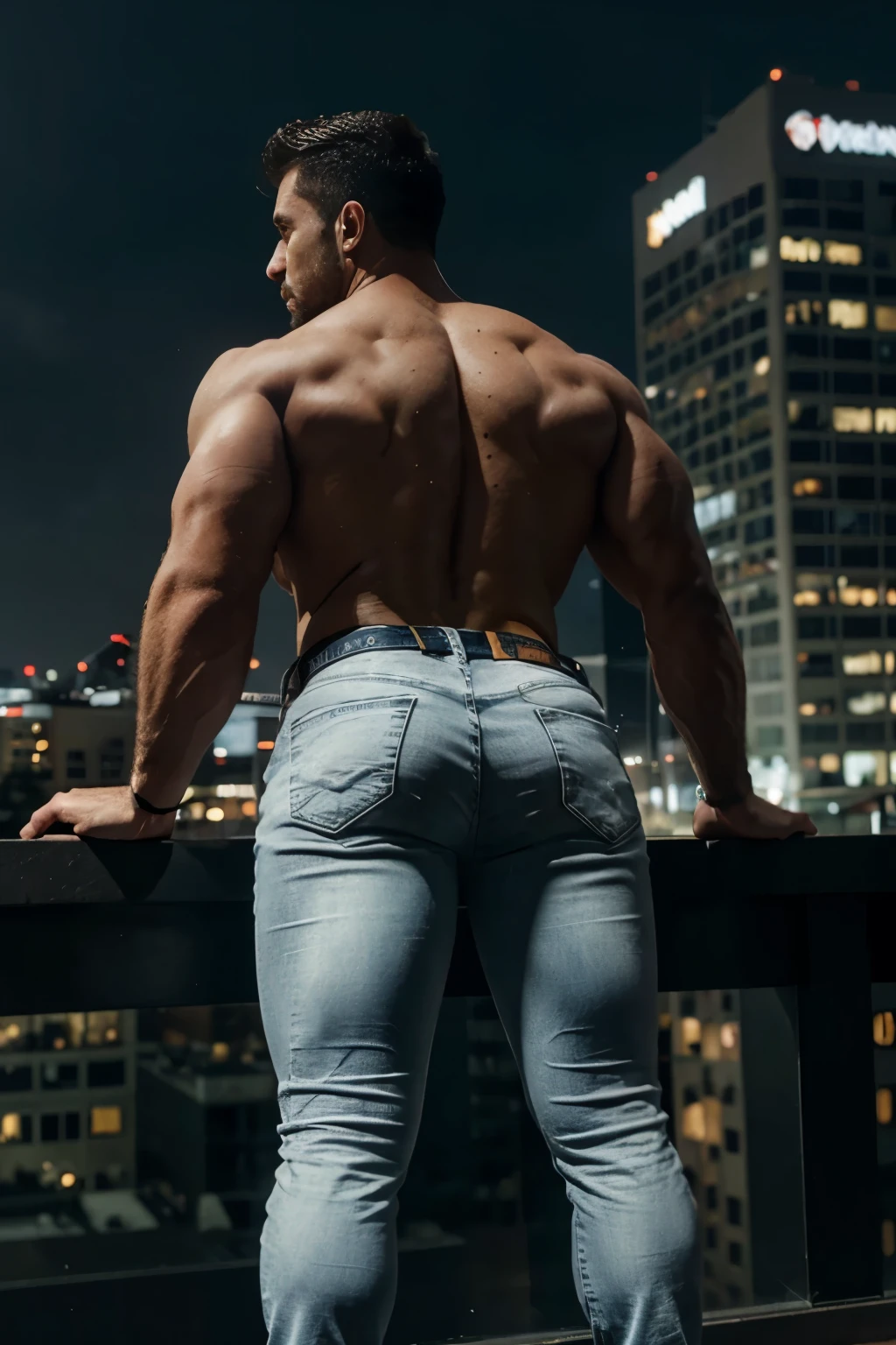 Ground-Shot Angle, NSFW, Looking down at figure from knee level, from behind we see a boy in full height with (short blond hair), he looks at the city from the edge of the roof of the building, there are low buildings around, we see him from behind in full height, (completely naked:1.3),tailed male ass:1.2), (sculp legs:1.3), broad shoulders, narrow waist, v-shape figure , focusing on his back, (we don't see his face), fantastic sunrise, dramatic sky