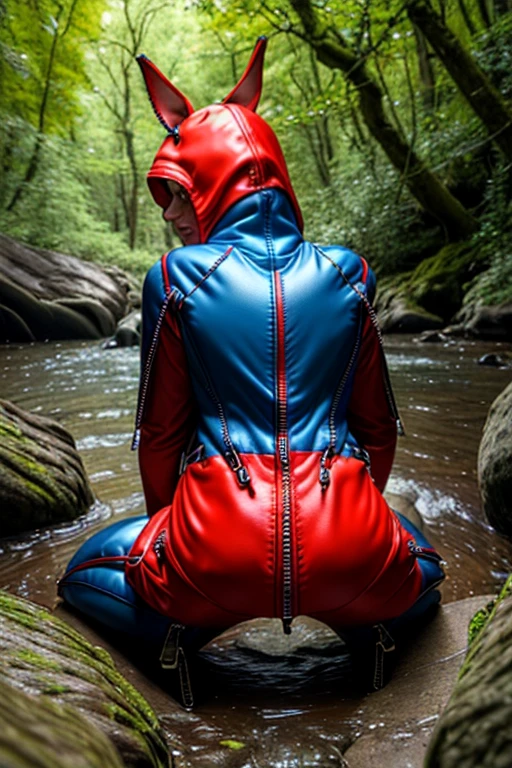 8k, best quality, (photorealistic:1.4), raw photo, 1man, (blue high cut crop top with long sleeves), pose: sitting on a rock in a river forest, (red shorts with rear zipper:1.3), side view, latex, (legs apart), facing camera, male features, (zipper in butt crease:1.4)
