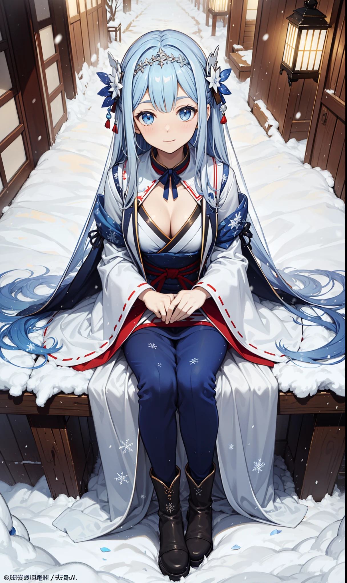 saints,Attractions,having fun,in love,(Western magic white dress),silver hair,blue eyes,Suitable for transparent clothes,Decoration of saints,Sky blue cloth,Snowflake pattern,Sky blue pattern,snowy night,Transparent lace,exquisite clothing,sitting position,the only person,Japanese garden,(night:1.1),snow,(Long suspender boots:1.1),Exquisite and beautiful face,sitting position,Snowstorm hits,Exquisite and beautiful eyes