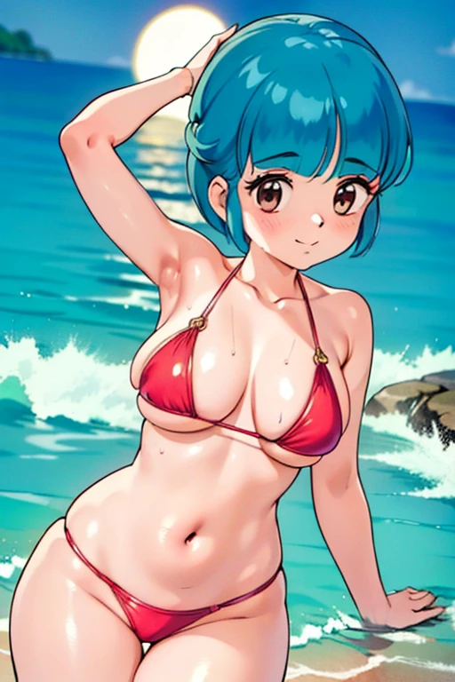 retro artstyle、watercolor paiting、((curvy)), ((wide hips)),(masterpiece、8k wallpaper、top-quality)、(The best lighting、Best Shadows、extremely delicate and beautiful)、ultra-detailliert、intricate detailes、colourfull、Rich colors、 upperbody shot、side lights、vanishing point、globalillumination、Near and far law、dynamicposes、dynamic ungle、 1 girl in、solo、(Full lips:0.8)、cute little、Mature、Beautuful Women、 Emi,Best Quality,high-level image quality,A smile,red blush,Magical Emi、Studio Clown、1980s \(Style\), 1girl in, Traditional Media 、、the wind、Swimsuit、Summer, Sea, Beach、The bikini、Tropical islands、suns、Resort、sand beach、Palm trees、blue-sky