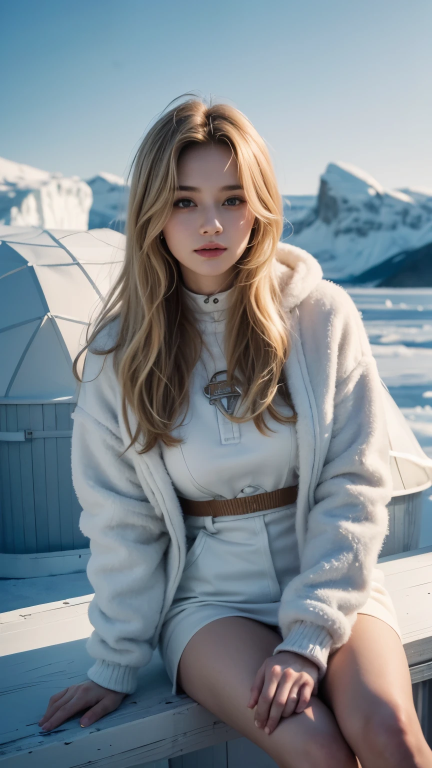 ((best quality, 8 thousand, masterpiece:1.4)), (20 year old woman), ((very small face:1.3)), very detailed 얼굴 및 피부 질감, detailed eyes, (Italian woman), (blonde wavy very long hair:1.3), (photorealistic:1.4), (Best image quality:1.0), (슈퍼 High Resolution A:1.0), 8 thousand, raw photo, (masterpiece:0.2), (pure eros face_v1:0.5)、(best quality Detail:1.2)、realistic、8 thousand UHD、highest resolution、(1 girl:1.2)、very detailed、high quality texture、delicate details、The Details、very detailed CG、high quality shadows、Detail : beautiful and delicate face、Detail : beautiful and delicate eyes、depth of field、ray tracing,1 girl, beautiful skin, Facing the front, sky porn, magic hour, (realistic:1.3), in detail, (realistic:1.1), (best quality), (intricate details), (Eskimo Jacket:1.5), (In the Arctic Igloo), (Transparent Ice), (very big breasts:1.3), (Detailed hair), (very small face) (very short and light hair) (beautiful smile), beautiful bridge, slim waist, Only one wool jacket is worn., In front of the igloo with a view of the blue sky, sunlight, ((cowboy shot:1.3)), ((sit on the ice chest)),