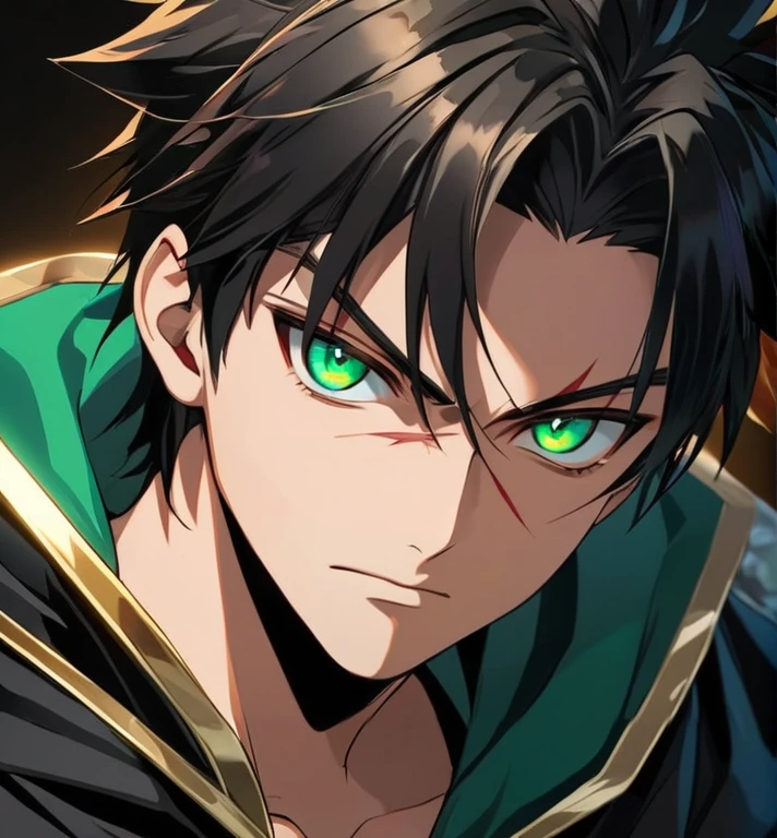 Close-up of (male anime character:1.3), (intense gaze:1.2), (dual-colored eyes:1.3) with one red and one green, spiky black hair, furrowed brows, (serious expression:1.2), shadowed face, (black cloak with golden trim:1.1), visible scar over left eyebrow, high-detail digital illustration, (dark background:1.1), anime style, strong facial features, contrasting colors, focused demeanor,