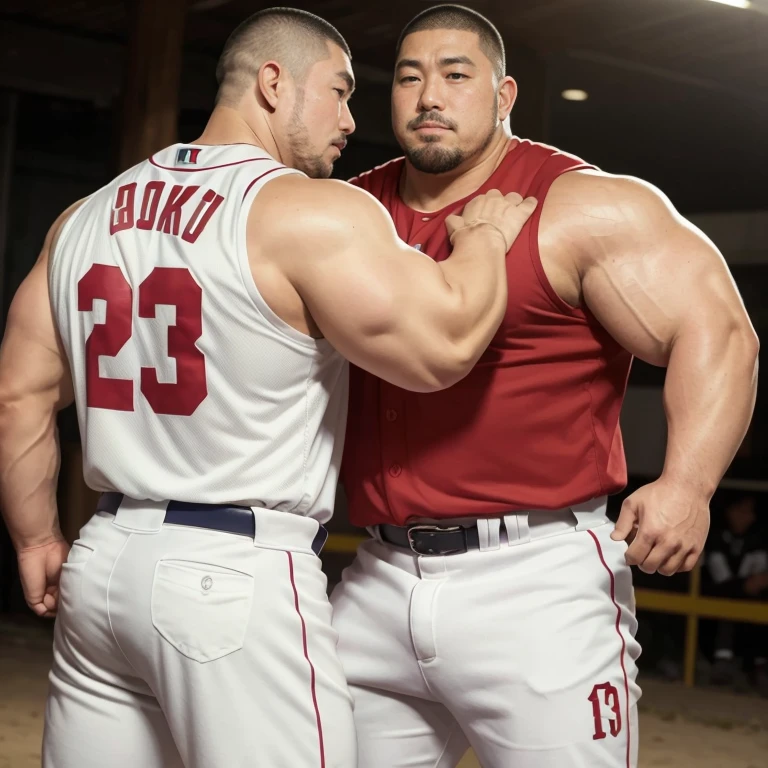 (sexy look:1.2), (hugging each other:1.2), (baseball uniform:1.2), (at play ground:1.2), Japanese man, manly face, (round face:1.2), (monolid eyes:1.2), (crew cut:1.2), very large and strong body, bulky body, beefy muscles, (bulging muscles:1.2), (very large pectoral muscles:1.2), (muscular arms:1.2), muscular abs, muscular legs, muscular back, bright oily skin, (realistic:1.2), distant view