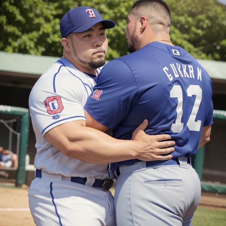 (sexy look:1.2), (hugging each other:1.2), (baseball uniform:1.2), (at play ground:1.2), Japanese man, manly face, (round face:1.2), (monolid eyes:1.2), (crew cut:1.2), very large and strong body, bulky body, beefy muscles, (bulging muscles:1.2), (very large pectoral muscles:1.2), (muscular arms:1.2), muscular abs, muscular legs, muscular back, bright oily skin, (realistic:1.2), distant view