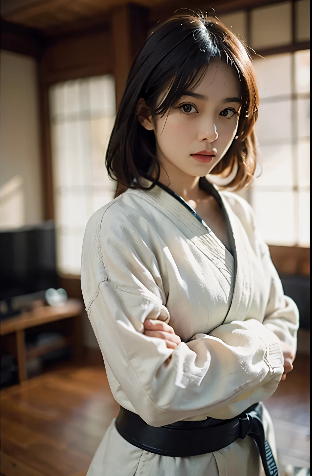 (8K、Raw photo、image quality、、、、、、table top:1.2)、(realistic、Photoreal:1.37)、Japanese female judoka、black belt white judo uniform、Cowboy composition、Front line of sight、dark tatami room、solemnity、intimidating appearance、dignified atmosphere、muscular upper body、Stand with dignity、menacing posture、fluttering hair