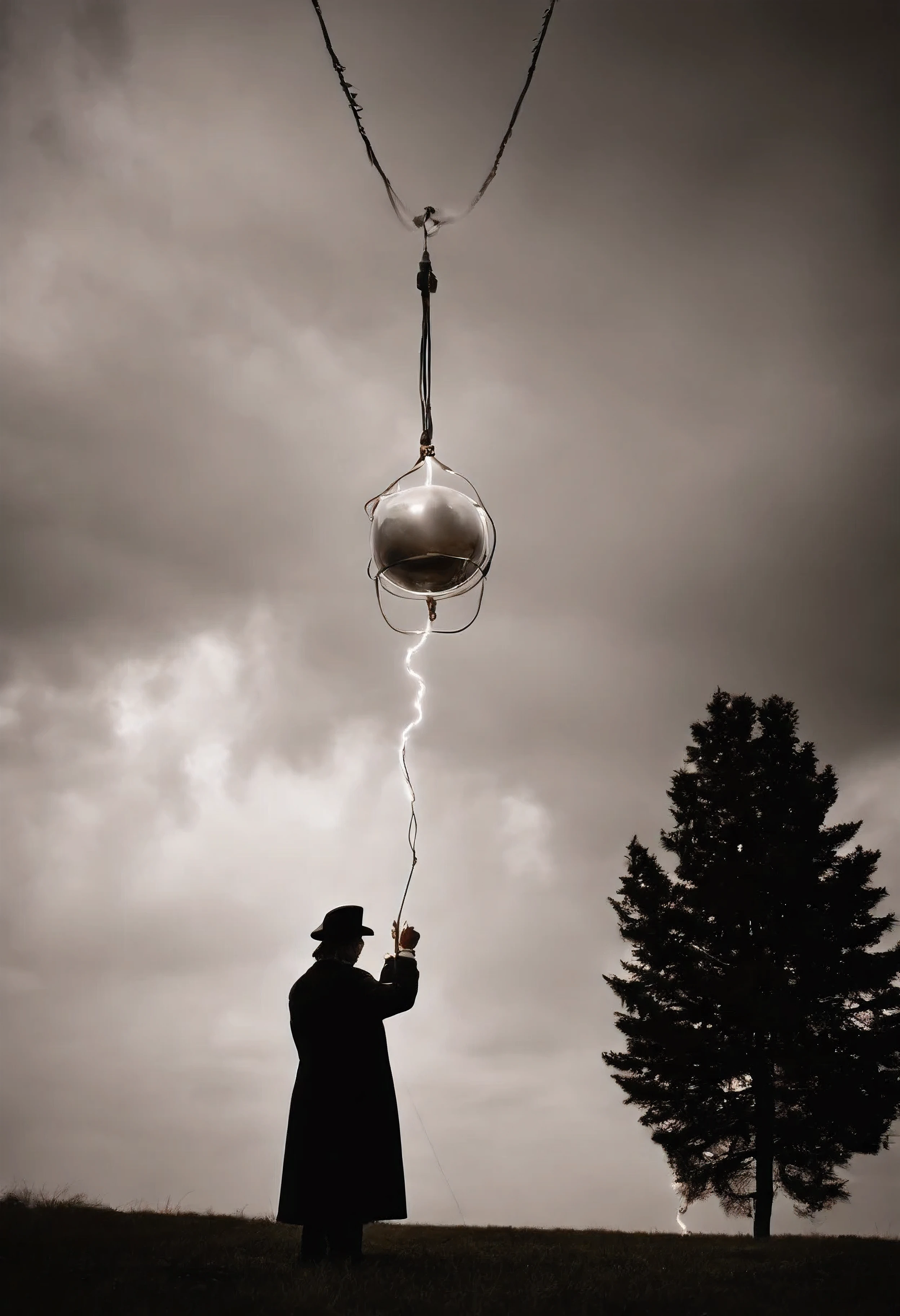 Experimento de Benjamin Franklin. durante una fuerte tormenta, hizo elevar una cometa con un objeto de acero, attached to a string attached to a key which would be near an electroscope, (un prototipo que mide la electricidad en los cuerpos) When the kite rose it reached a cloud and the metal collected the energy and led it along the cord towards the key., haciendo encender el electroscopio. Nota: Una sola cuerda unida a la nube.