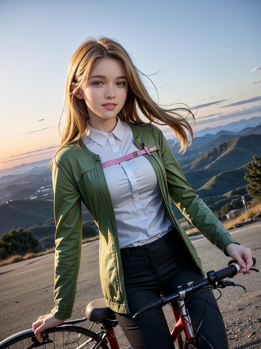 leading line,,,(surreal:1.2),(quality:1.2),(very elegant and beautiful:1.2),,(High resolution:1.3),solo,1 female, blonde hair，(perfectanatomy),(masterpiece),(best quality), miyo, ribbon, cross, pink blouse, green jacket, pants,  delighted smile, outside,moutain,, ride a bicycle, perfectly drawn  hands