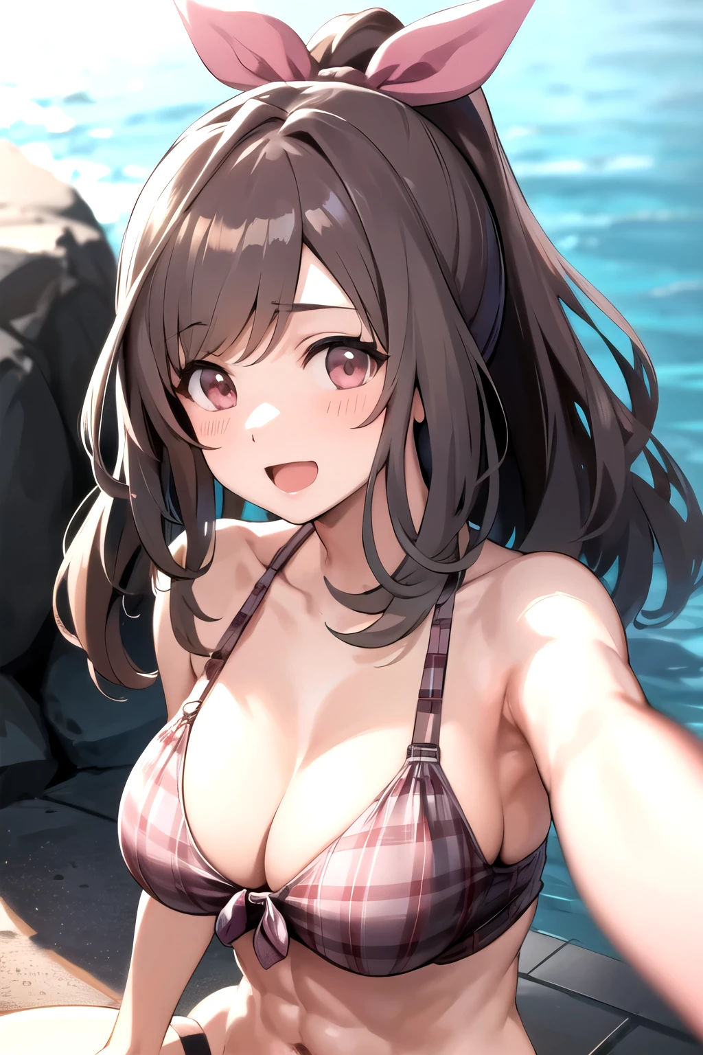 tsukioka kogane, 1girl, (abs:1.2), detailed face, muscular girl, bikini, solo, brown hair, six-pack, open mouth, long hair, looking at viewers, blush, detailed eyes, selfie, smile, collarbone, bangs, (muscle:1.1), pool, breasts, ponytail, shirt, bow, pink eyes, ribbon, upper body, hair bow, outdoors, large breasts