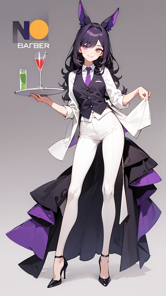 purple,High cut layered hair,woman,bartender,vest,shirt,tie,high heels,all,simple background,smile,whole body,full body,full body,Standing picture,vtuber,upright,,look forward to,