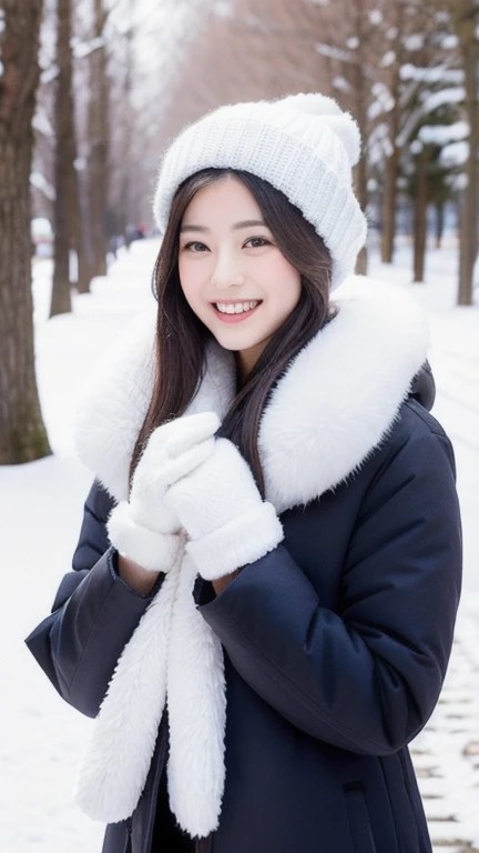smile,beautiful woman,heavy winter coat,a woolly hat,gloves,holding a snow-white husky,whose fur gleams pristine in the winter sunlight,The woman's demeanor exudes gentleness and affection,a serene winter street,trees lining the sides covered in white snow,warmth and happiness,photo r3alm,Extremely Realistic