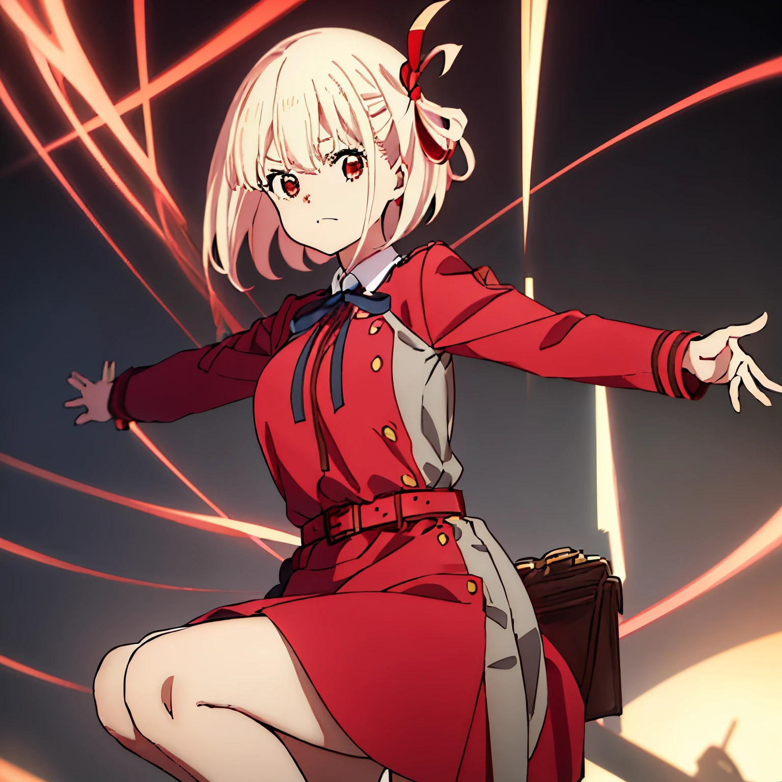 chisato, 1girl, solo, short hair, hair ribbon, breasts, neck ribbon, collared shirt, lycoris uniform, two-tone dress, red dress, grey dress, long sleeves, red belt, (((1girl))),(((Solo))),(((1 person))).