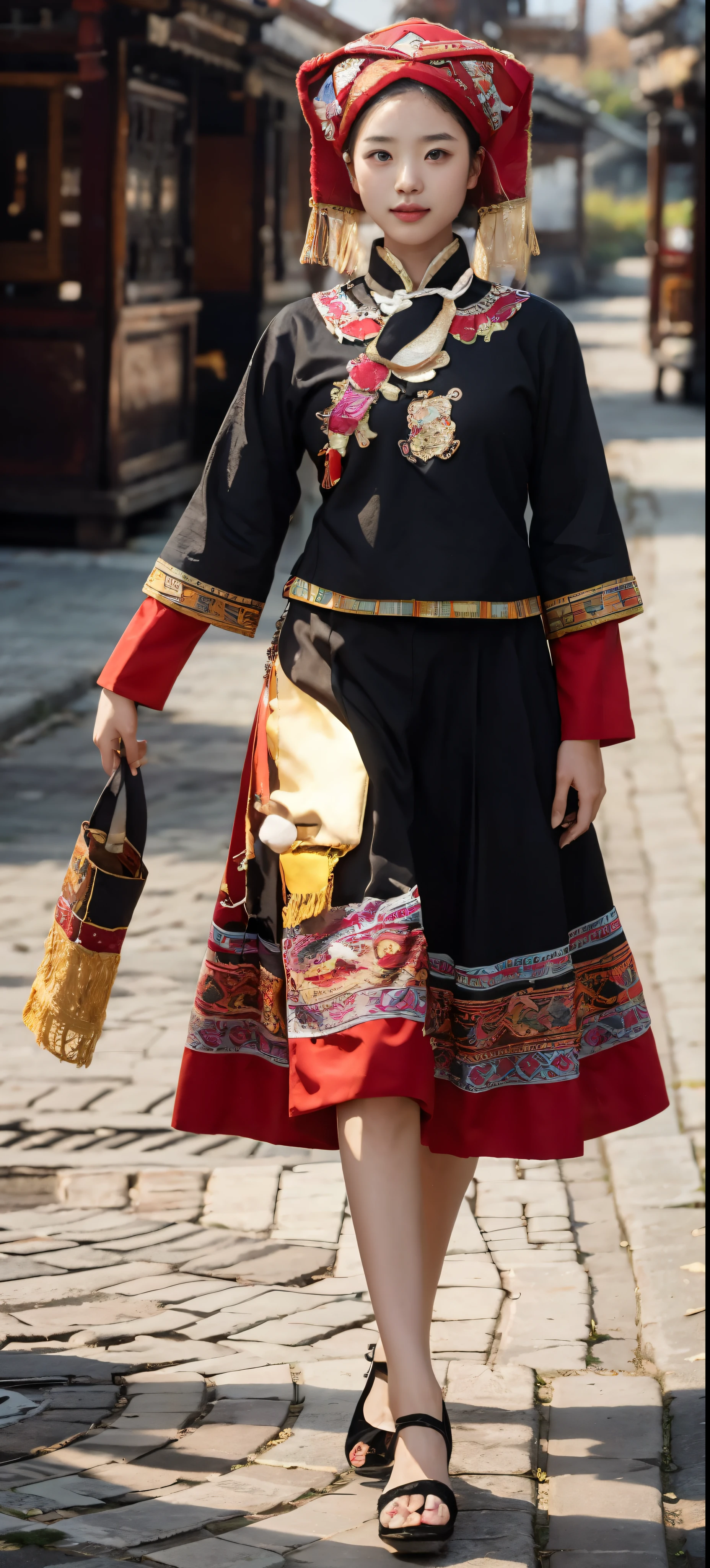 a girl,Wearing the traditional costumes of the Zhuang people,Walking towards the camera,The background is terraces,daytime,pond,Hazy mountains,Looking up,The front of the face faces the audience