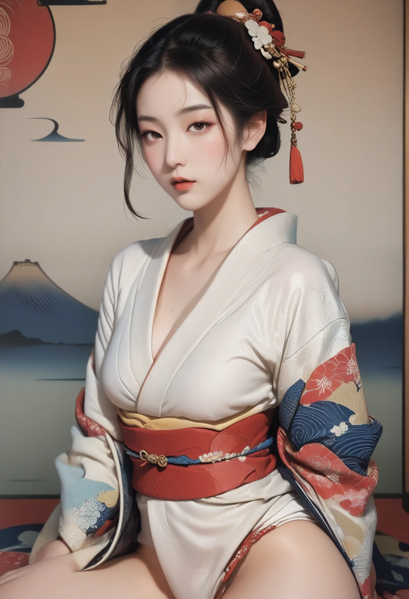 FSH,(masseter membrane、top quality、Ukiyo-e style、mystery、Exquisite and beautiful、official art、Sharaku:1.2)、(1 girl in:1.3)、(fractal art:1.3)、cowboy shooting、White skin、(beautiful brunette、kimono:1.2)、Set against the backdrop of traditional Japanese performing arts、colorful、(Belongs to Japanese style:1.2)、glowing skin