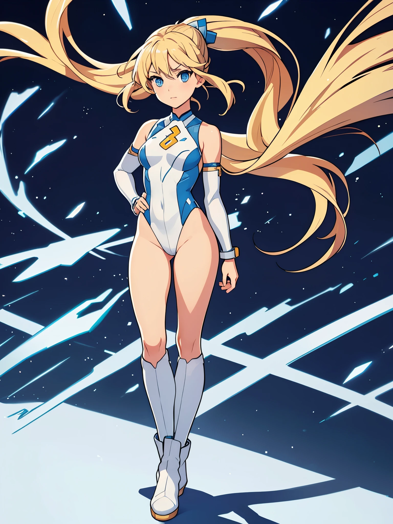 1girl, light blonde hair, aquamarine eyes, boots, breasts, bracelets, full body, hair ornament, ((shoulder-length hair, ponytail)), full body with costume, leotard, white leotard with blue accents, bare legs, white stockings, white boots, medium breasts, perfect hands, complete fingers, solo, solo focus, standing, superhero, ((lighting logo on chest)), beautiful detailed eyes, beautiful detailed face, age 18, ahoge, full body zenkai! asuka suit, full body portrait, body infused with electricity, diffraction spikes, heroic, standing straight, hands on hip, cowboy shot, city backdrop