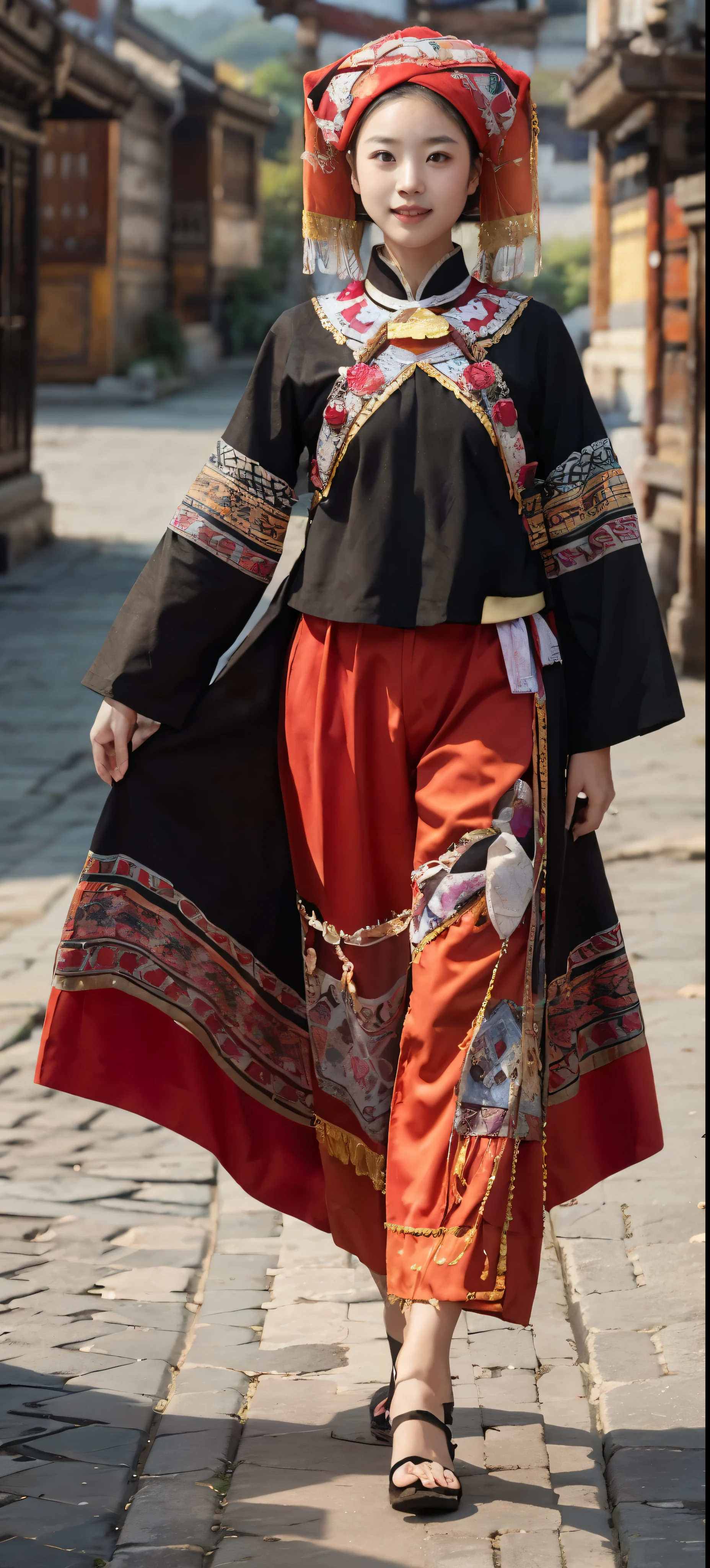a girl,Wearing the traditional costumes of the Zhuang people,Walking towards the camera,The background is terraces,daytime,pond,Hazy mountains,Looking up,The front of the face faces the audience