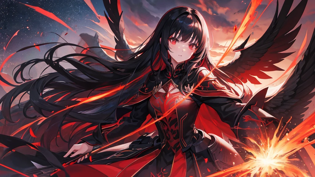 beutiful girl, black long hair, red eyes, black and red royal clothes, big black wings, black phoenix, 8k resolution, night sky