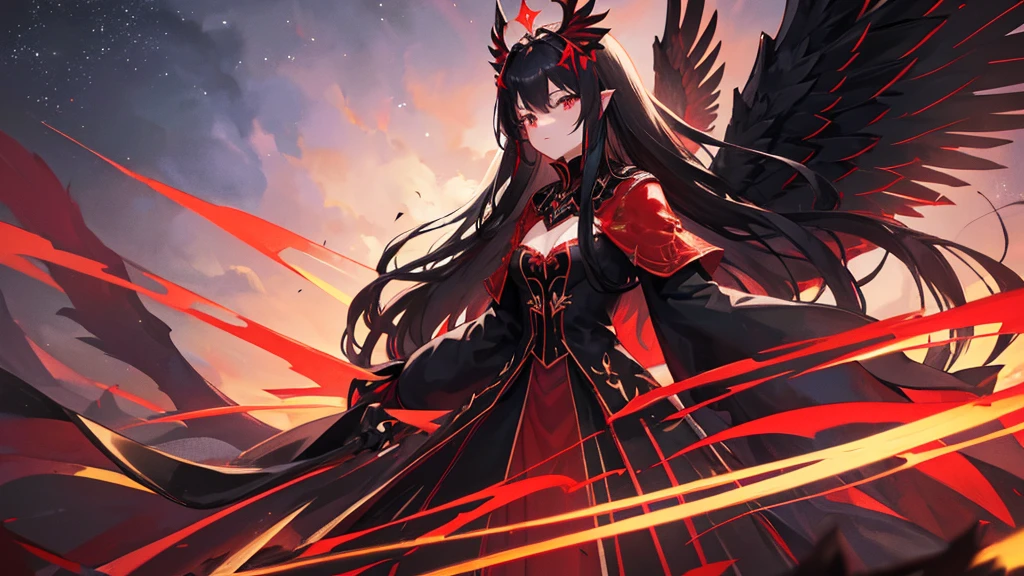 beutiful girl, black long hair, red eyes, black and red royal clothes, big black wings, black phoenix, 8k resolution, night sky