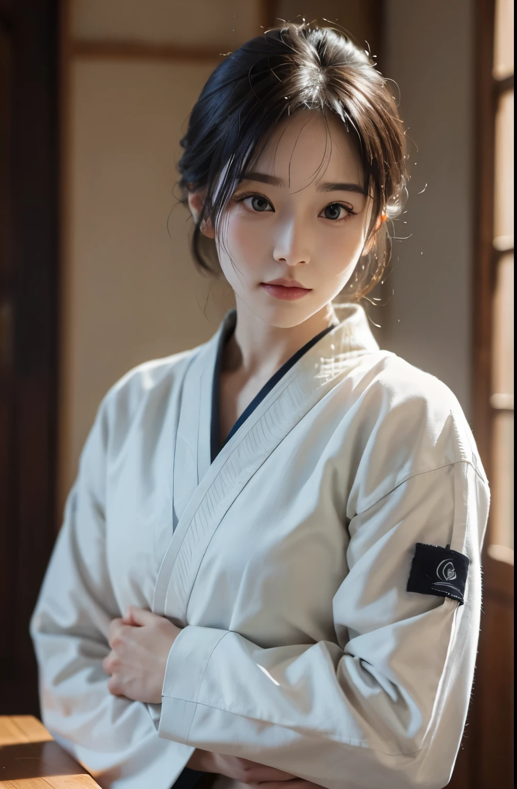 (8K、Raw photo、image quality、、、、、、table top:1.2)、(realistic、Photoreal:1.37)、Japanese female judoka、black belt white judo uniform、Cowboy composition、Front line of sight、dark tatami room、solemnity、intimidating appearance、dignified atmosphere、muscular upper body、Stand with dignity、menacing posture、bob hair