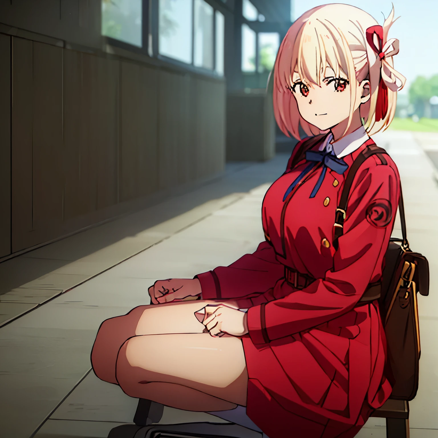 chisato, 1girl, solo, short hair, hair ribbon, breasts, neck ribbon, collared shirt, lycoris uniform, two-tone dress, red dress, grey dress, long sleeves, red belt, (((1girl))),(((Solo))),(((1 person))).