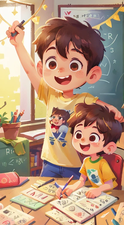 A boy, classroom in Brazil, t-shirt, drawing, happy, perfect quality, clear focus (clutter - house: 0.8), (masterpiece: 1.2) (realistic: 1.2) (bokeh) (best quality) (detailed skin: 1.3) (intricate details) (8K) (detail eyes) (sharp focus), (happy), full body, two children, clean background