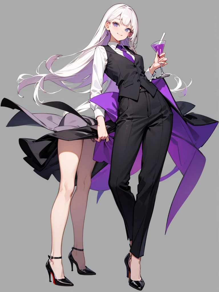 purple,High cut layered hair,woman,bartender,vest,shirt,tie,pants,high heels,all,simple background,smile,whole body,full body,full body,Standing picture,vtuber,upright,,look forward to,