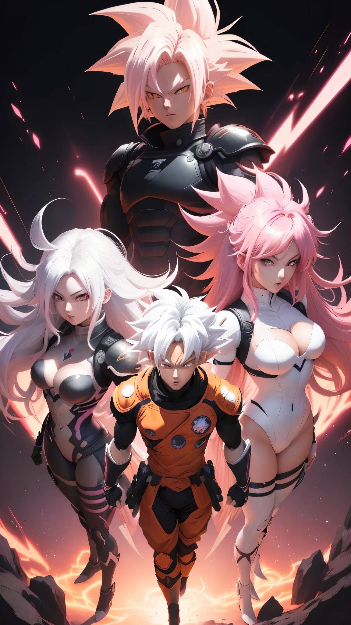 a drawing of a goku white hair with pink hair, artstyleunknown, full figure poster, dark aura, full art, cell shaded art, by theCHAMBA, black and reddish color armor, slick pink armor, official art, matte pink armor, official character art, wild spiky black saiyan hair, high detailed official artwork, colored manga panel.red suit.