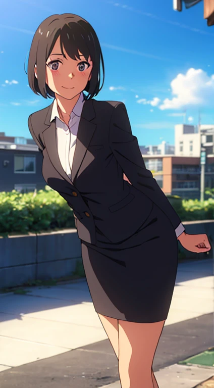 shinkai makoto, kimi no na wa., 1girl, bangs, black hair, blush, dark purple eyes, sky, cloud, looking at the viewer, outdoors, short hair, smile, solo, suit, office lady, black skirt, black blazer, pencil skirt, white shirt, collared shirt, brown pantyhose, ager, europe, sweden, stockholm