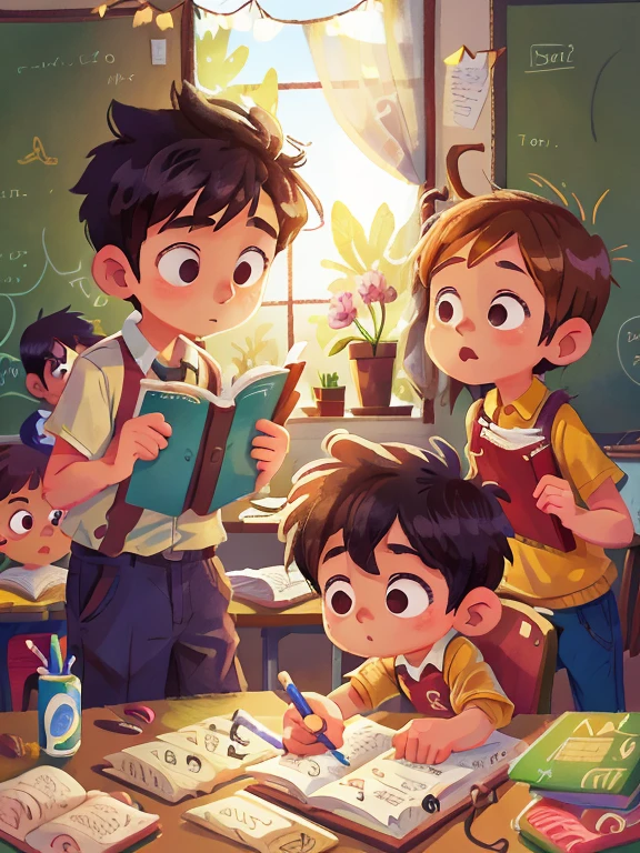 (Masterpiece),(The best quality),Students doing homework in the classroom, boys, glade, background is the classroom, perfect quality, crisp focus, very colorful, perfect faces, complicated details, ultra-low angle of view, wide shot.