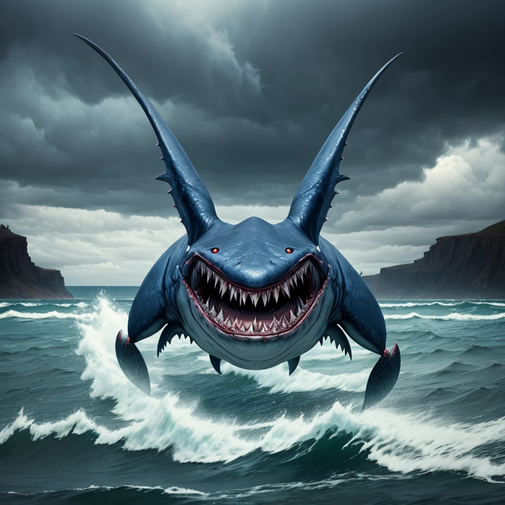 "(best quality,4k,highres,masterpiece:1.2),ultra-detailed,realistic:1.37,crab shark,creepy,mutant,blue shelled,giant,shark,creature,shore,hunting for prey,sinister,ominous,dark waters,massive jaws,sharp teeth,menacing presence,distorted body shape,intense gaze,scaly skin,evil,horror,nightmarish,terror-inducing,ominous atmosphere,dimly lit,stormy sky,specific unique species,unearthly appearance"