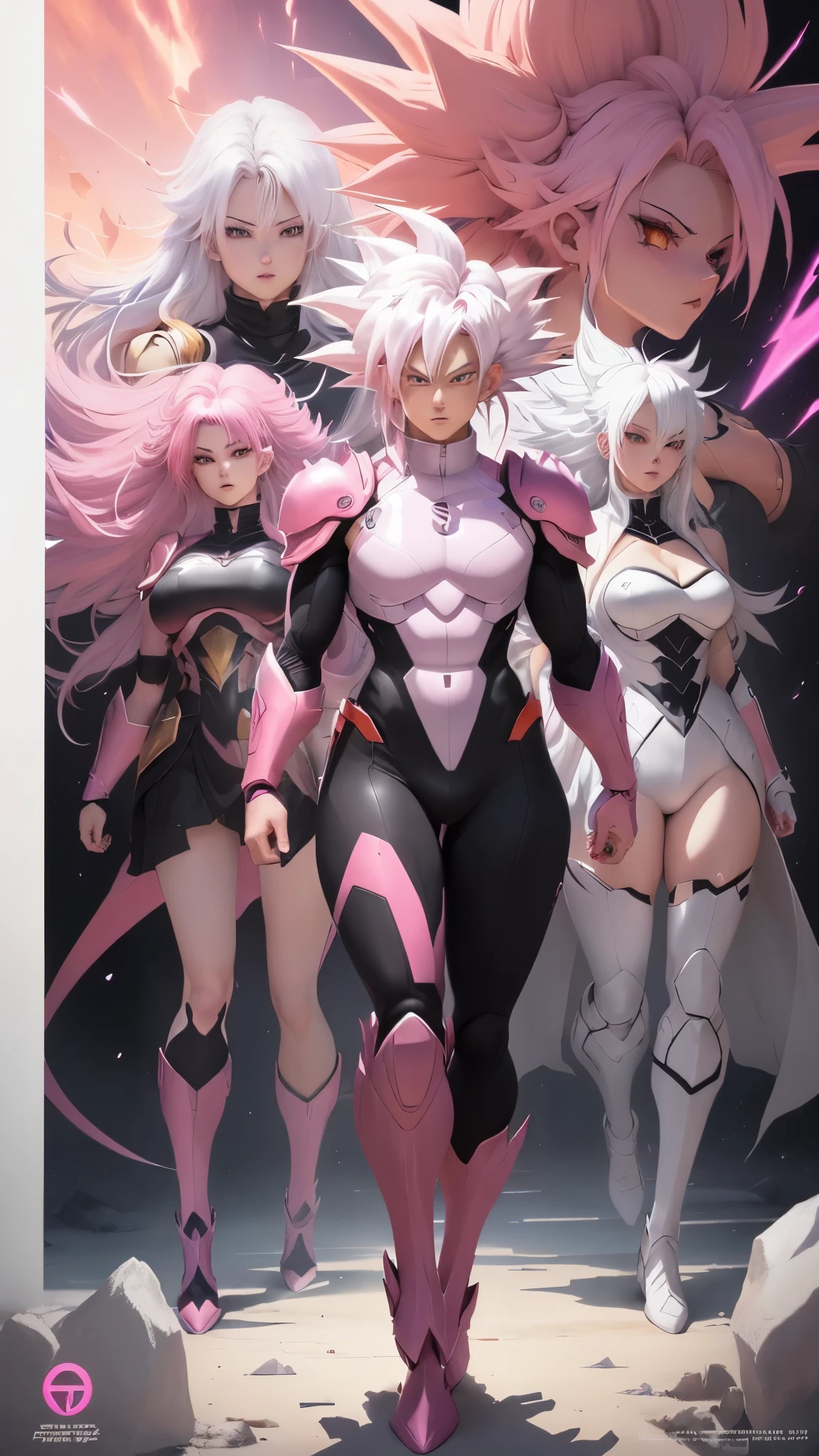 a drawing of a goku white hair with pink hair, artstyleunknown, full figure poster, dark aura, full art, cell shaded art, by theCHAMBA, black and reddish color armor, slick pink armor, official art, matte pink armor, official character art, wild spiky black saiyan hair, high detailed official artwork, colored manga panel.red suit.