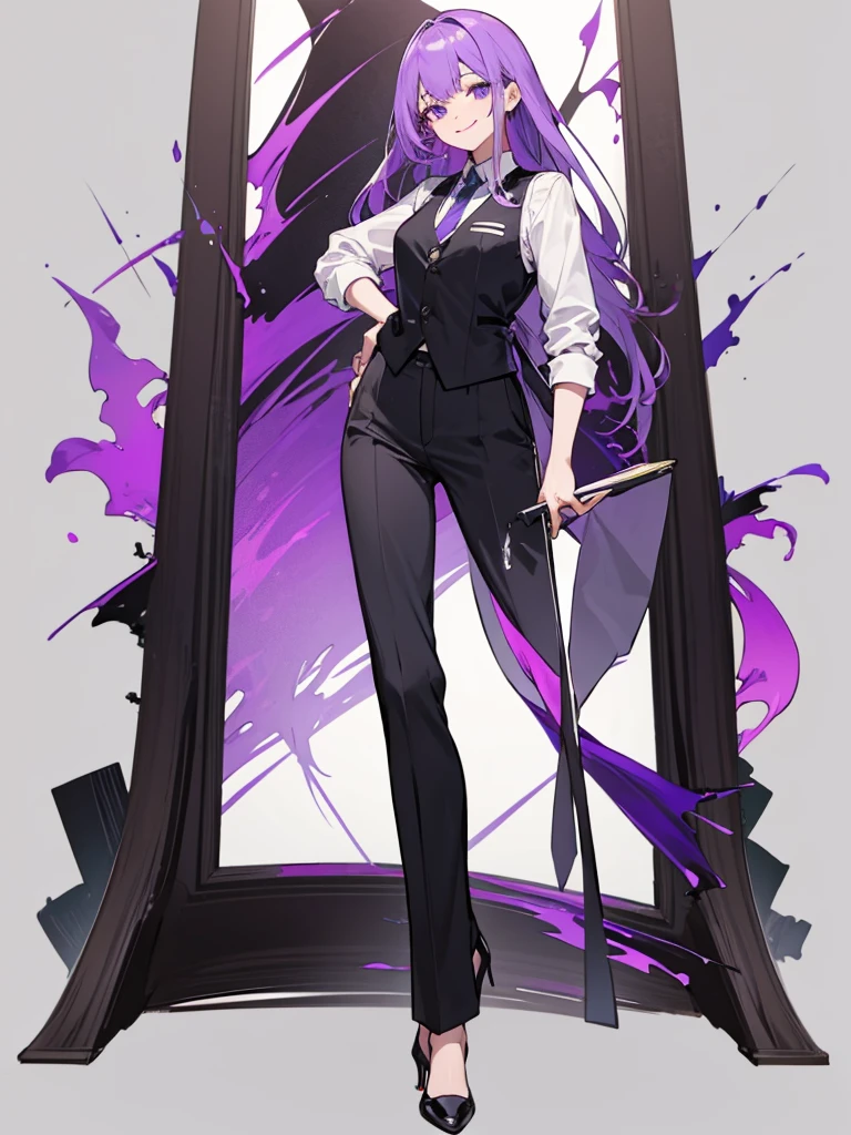 purple,High cut layered hair,woman,bartender,vest,shirt,tie,pants,high heels,all,simple background,smile,whole body,full body,full body,Standing picture,vtuber,upright,,look forward to,