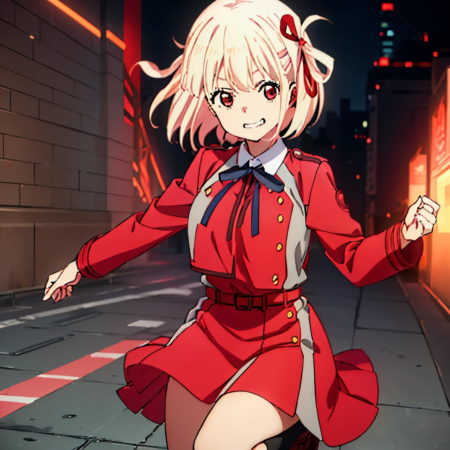 chisato, 1girl, solo, short hair, hair ribbon, breasts, neck ribbon, collared shirt, lycoris uniform, two-tone dress, red dress, grey dress, long sleeves, red belt, face of happiness, smile mouth, (((1girl))),(((Solo))),(((1 person))).