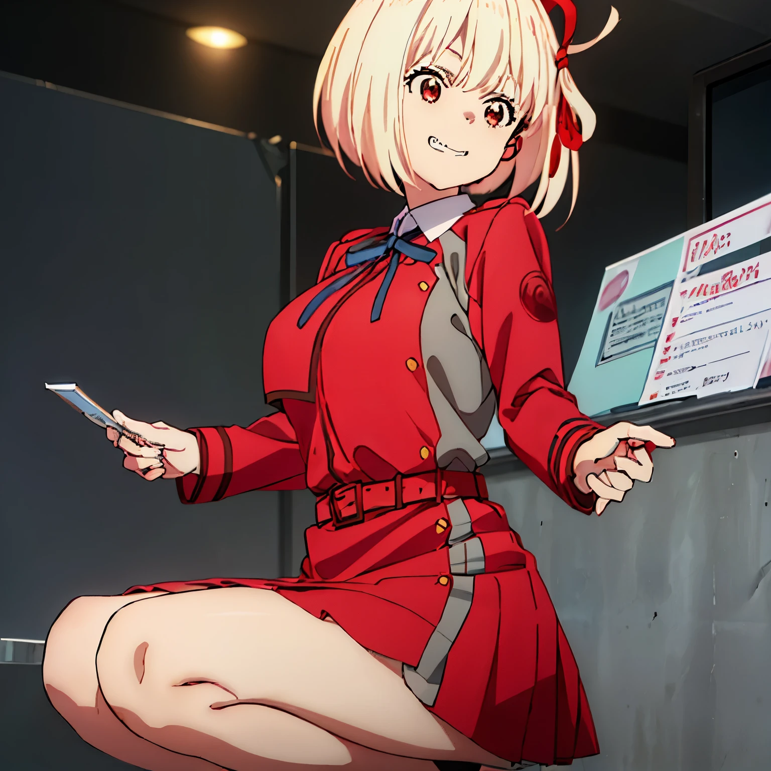 chisato, 1girl, solo, short hair, hair ribbon, breasts, neck ribbon, collared shirt, lycoris uniform, two-tone dress, red dress, grey dress, long sleeves, red belt, face of happiness, smile mouth, (((1girl))),(((Solo))),(((1 person))).